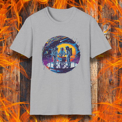 Sport Grey T-shirt showcases a vibrant, futuristic design featuring astronauts grilling in space. The scene is set on a metallic space station platform, with a cosmic backdrop of planets, stars, and a fiery explosion. The detailed artwork blends sci-fi with BBQ culture, making it a perfect choice for grilling enthusiasts who love a unique, out-of-this-world theme.