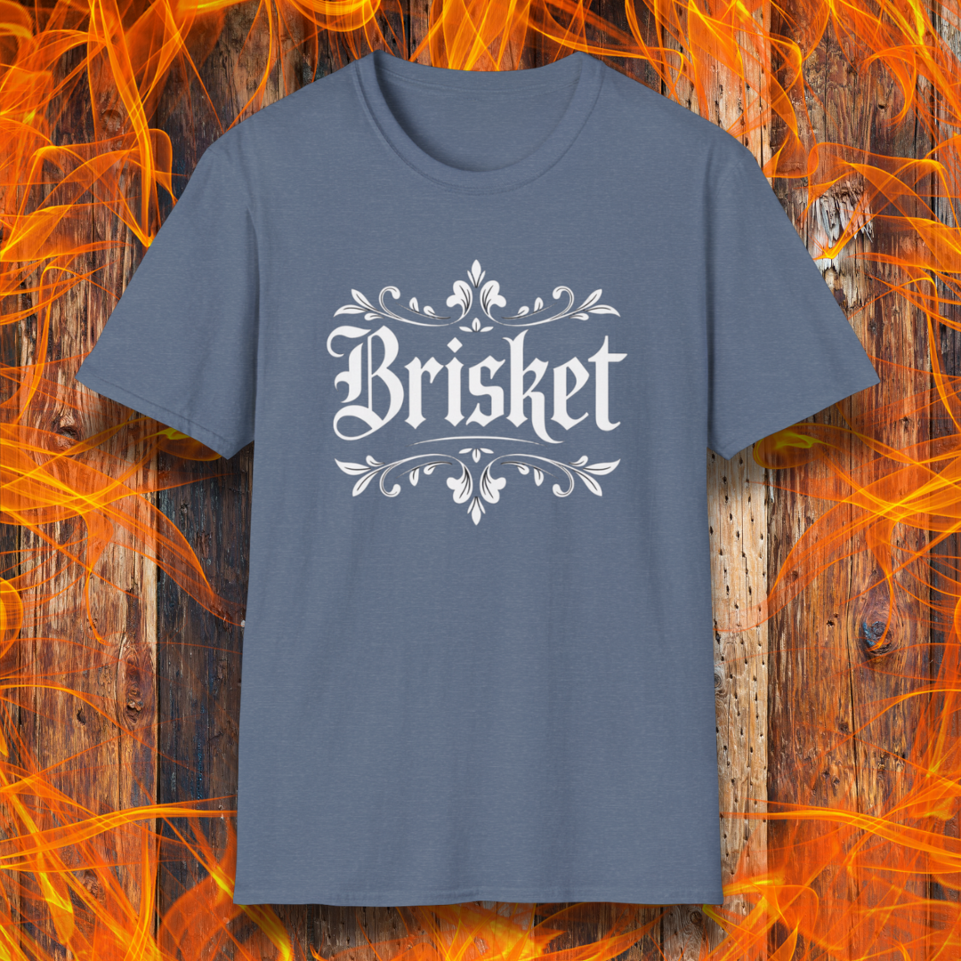 Heather Indigo t-shirt with elegant white gothic-style “Brisket” text framed by ornate flourishes—where BBQ obsession meets old-school swagger.