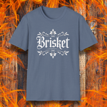 Heather Indigo t-shirt with elegant white gothic-style “Brisket” text framed by ornate flourishes—where BBQ obsession meets old-school swagger.