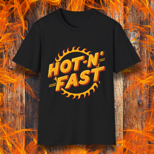 Black T-shirt featuring a bold 'Hot-N'-Fast' design with a flaming circular emblem. Perfect for BBQ enthusiasts who love to grill with speed and intensity.