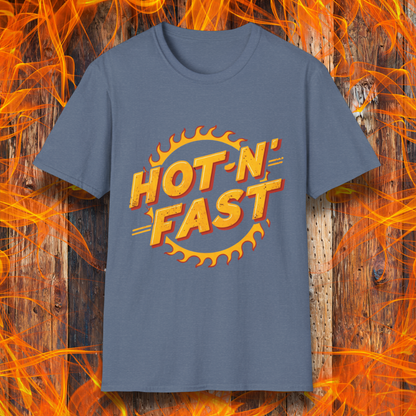Heather Indigo T-shirt featuring a bold 'Hot-N'-Fast' design with a flaming circular emblem. Perfect for BBQ enthusiasts who love to grill with speed and intensity.