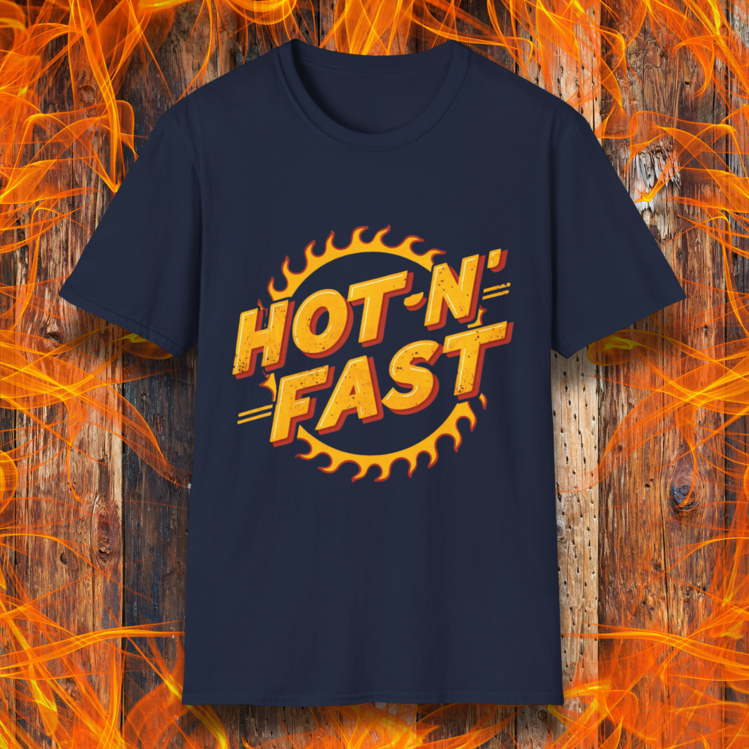 Navy T-shirt featuring a bold 'Hot-N'-Fast' design with a flaming circular emblem. Perfect for BBQ enthusiasts who love to grill with speed and intensity.