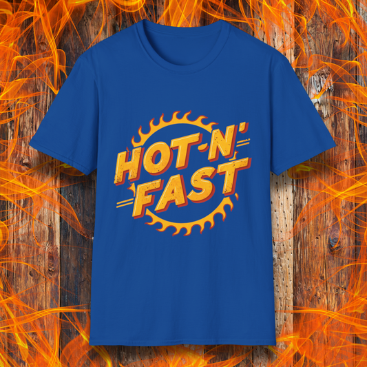 Royal Blue T-shirt featuring a bold 'Hot-N'-Fast' design with a flaming circular emblem. Perfect for BBQ enthusiasts who love to grill with speed and intensity.