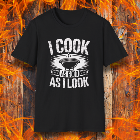 Black t-shirt with 'I Cook as Good as I Look' graphic on a fiery background