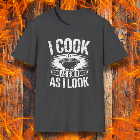 Dark Heather t-shirt with 'I Cook as Good as I Look' graphic on a fiery background