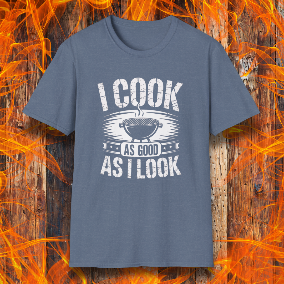 Heather Indigo t-shirt with 'I Cook as Good as I Look' graphic on a fiery background