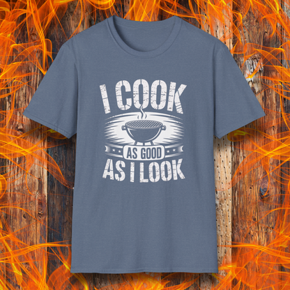 Heather Indigo t-shirt with 'I Cook as Good as I Look' graphic on a fiery background