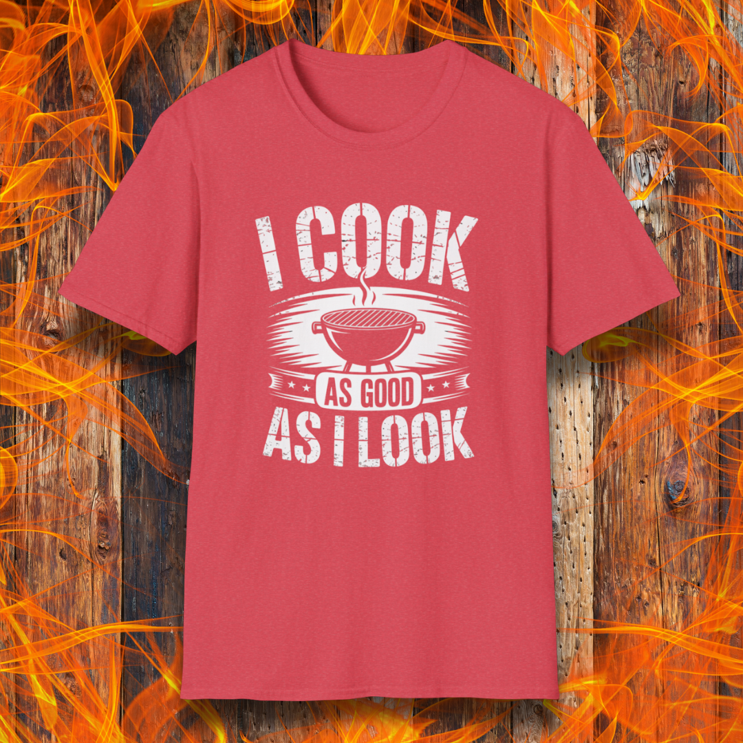 Heather Red t-shirt with 'I Cook as Good as I Look' text on a fiery background
