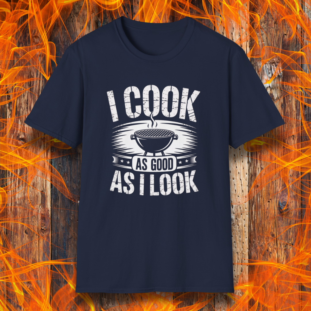 Navy blue t-shirt with 'I Cook as Good as I Look' graphic on a fiery background