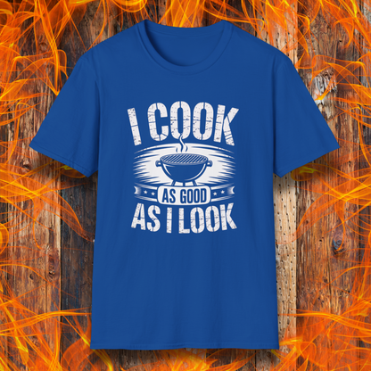 Royal Blue t-shirt with 'I Cook as Good as I Look' text on a wooden background with flames.