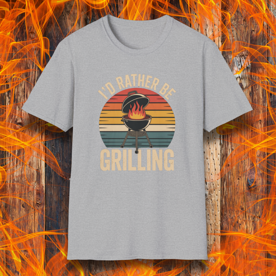 Gray t-shirt with 'I'd Rather Be Grilling' graphic on a fiery background