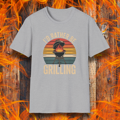 Gray t-shirt with 'I'd Rather Be Grilling' graphic on a fiery background