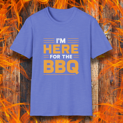 Heather Royal T-shirt with bold text reading 'I'M HERE FOR THE BBQ' in orange and white, accented with horizontal lines for emphasis. A stylish and fun design for BBQ lovers and grill masters.