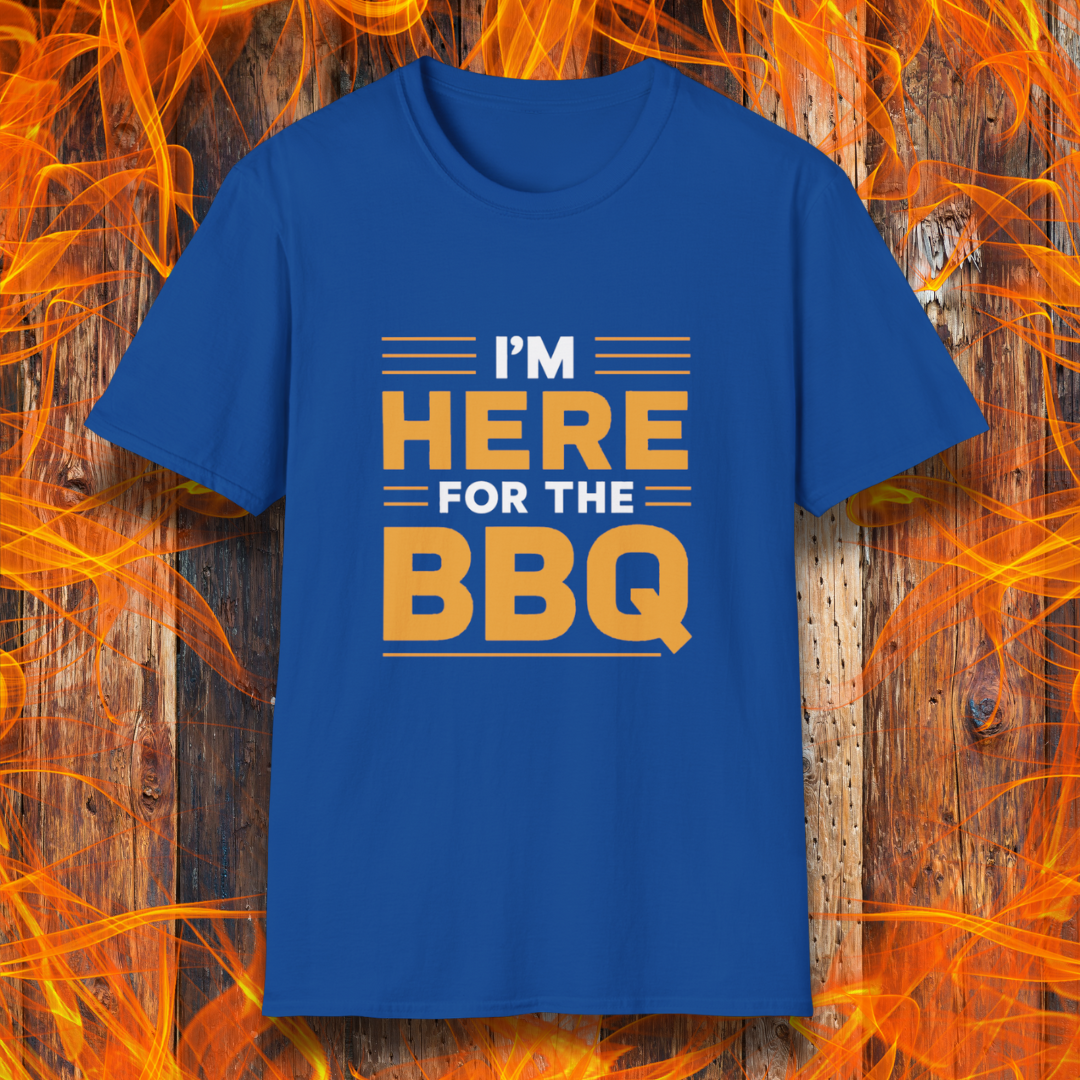 Royal Blue T-shirt with bold text reading 'I'M HERE FOR THE BBQ' in orange and white, accented with horizontal lines for emphasis. A stylish and fun design for BBQ lovers and grill masters.