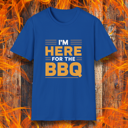 Royal Blue T-shirt with bold text reading 'I'M HERE FOR THE BBQ' in orange and white, accented with horizontal lines for emphasis. A stylish and fun design for BBQ lovers and grill masters.