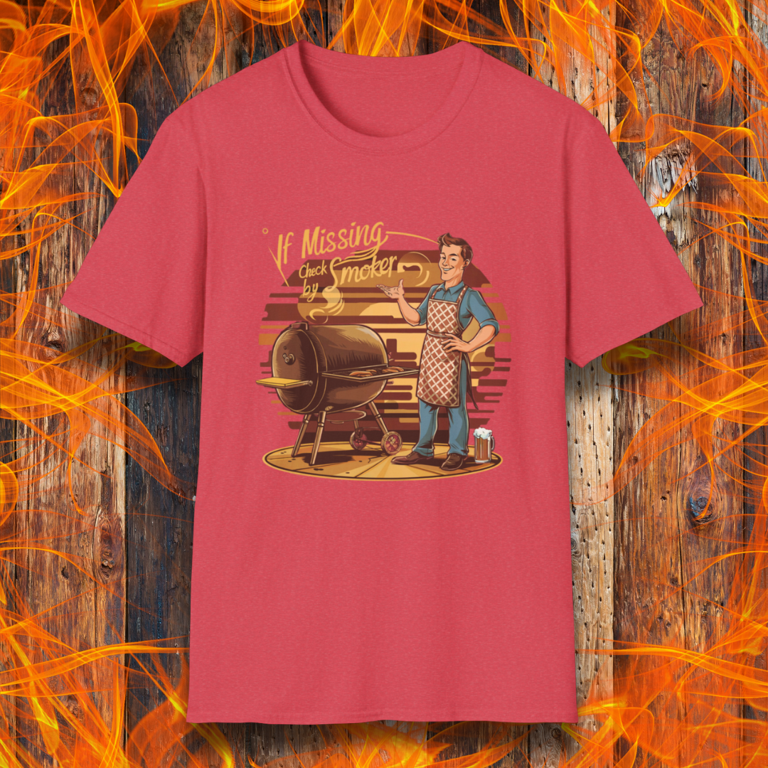 Read Heather  t-shirt featuring a retro-style illustration of a man grilling next to a smoker, with the phrase 'If Missing, Check by Smoker,' displayed against a fiery wooden background."