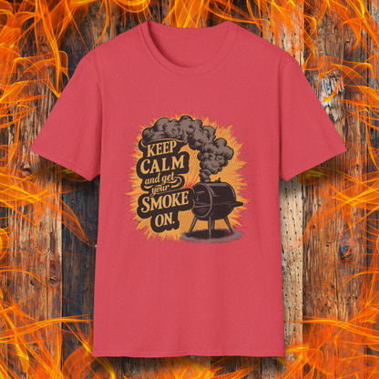 Heather Red t-shirt featuring a vintage-style illustration of a smoker grill with smoke billowing out, alongside the phrase 'Keep Calm and Get Your Smoke On' in bold typography.