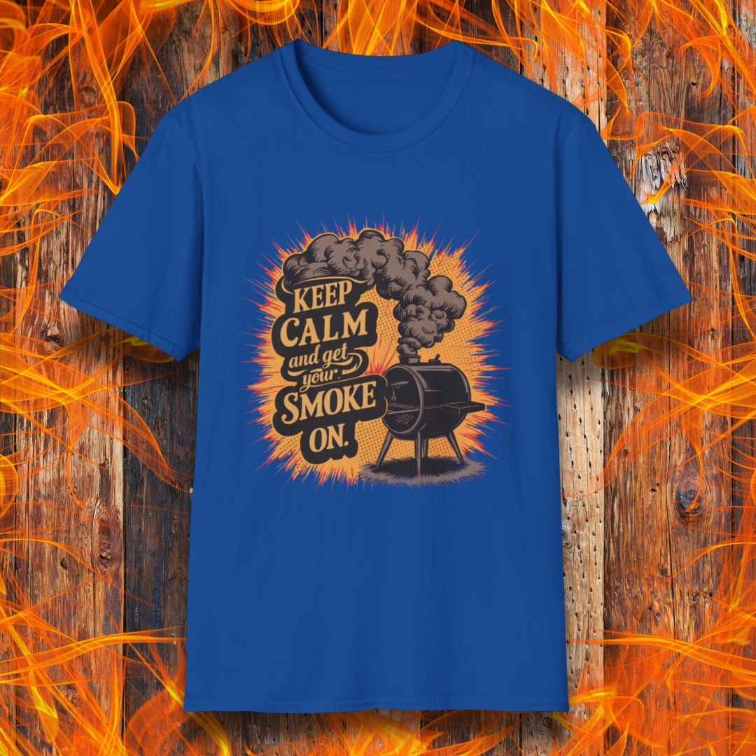 Royal Blue t-shirt featuring a vintage-style illustration of a smoker grill with smoke billowing out, alongside the phrase 'Keep Calm and Get Your Smoke On' in bold typography.