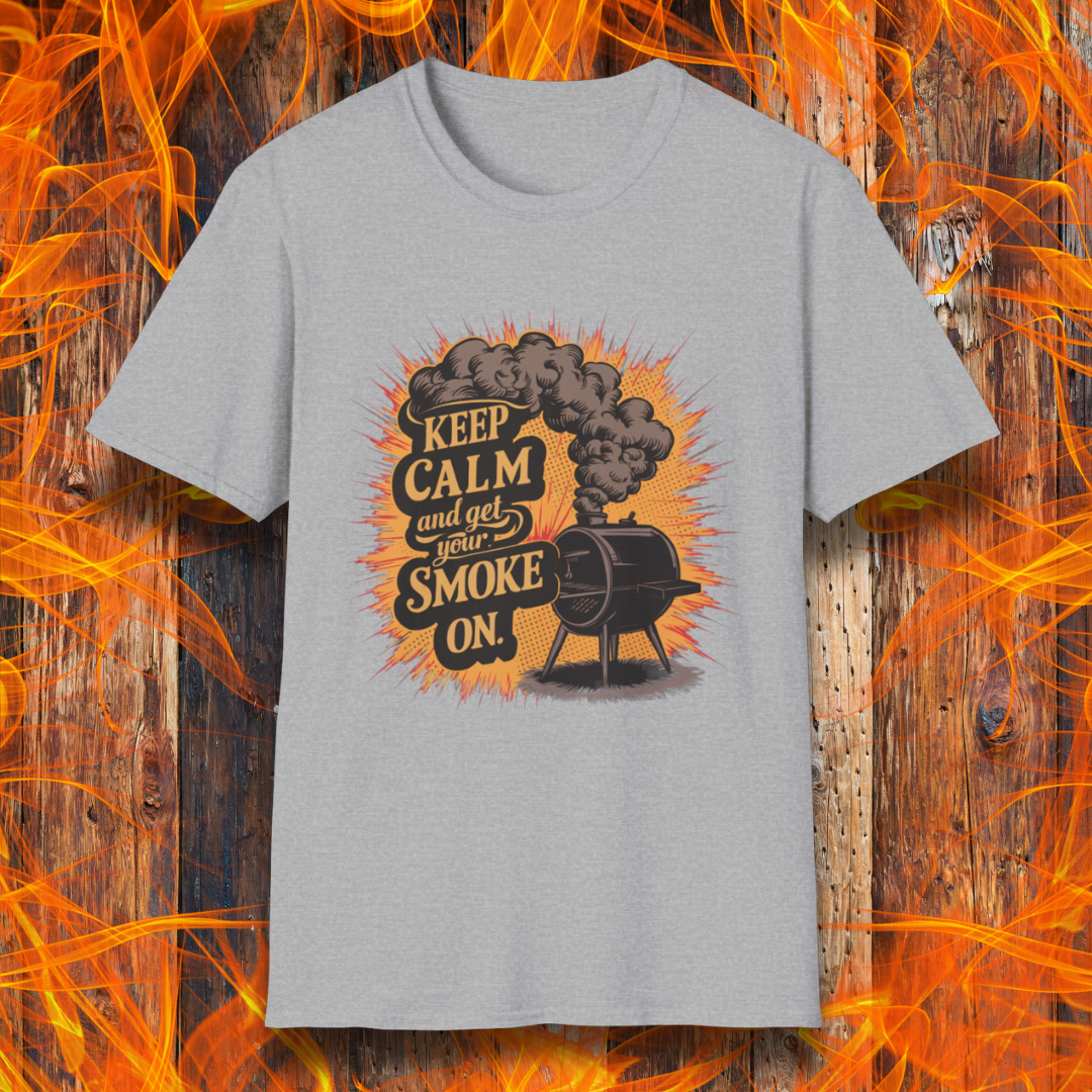 Sport Grey t-shirt featuring a vintage-style illustration of a smoker grill with smoke billowing out, alongside the phrase 'Keep Calm and Get Your Smoke On' in bold typography.