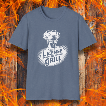 Heather Indigo  t-shirt featuring a bold white graphic of a cool chef wearing sunglasses and a toque, with the phrase 'License to Grill' in a dynamic retro-style font.