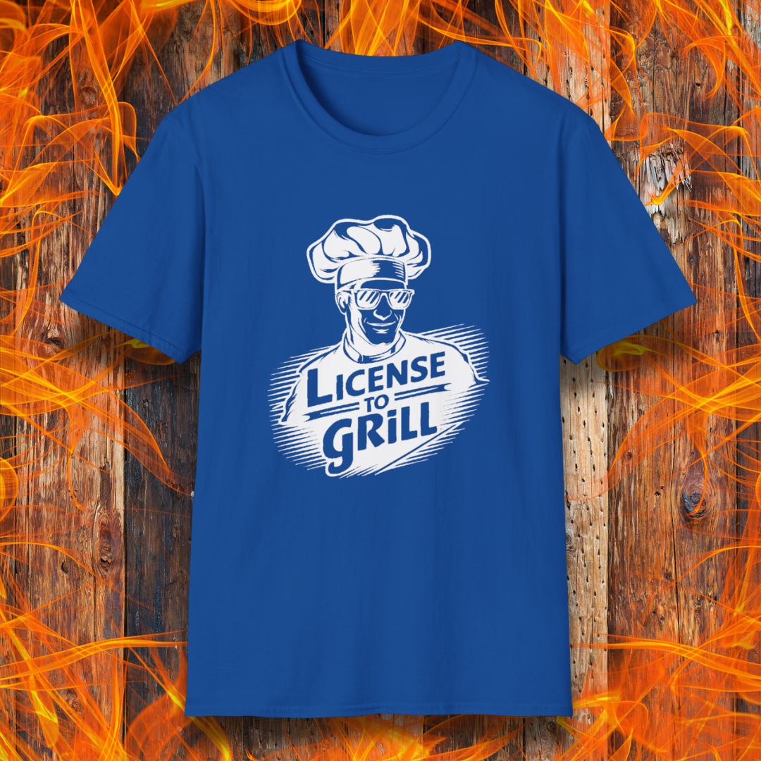 Royal Blue  t-shirt featuring a bold white graphic of a cool chef wearing sunglasses and a toque, with the phrase 'License to Grill' in a dynamic retro-style font.