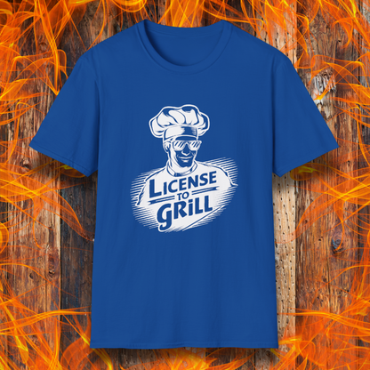 Royal Blue  t-shirt featuring a bold white graphic of a cool chef wearing sunglasses and a toque, with the phrase 'License to Grill' in a dynamic retro-style font.