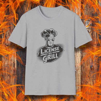 Sport Grey  t-shirt featuring a bold white graphic of a cool chef wearing sunglasses and a toque, with the phrase 'License to Grill' in a dynamic retro-style font.