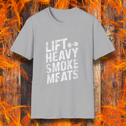 Sport Grey T-shirt with bold, distressed white text reading 'Lift Heavy Smoke Meats,' featuring a barbell icon. A perfect fit for BBQ lovers and gym enthusiasts who take their grilling and gains seriously!
