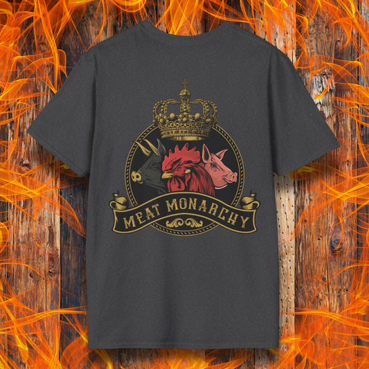 Dark heather t-shirt featuring a regal 'Meat Monarchy' design on the back, showcasing a crowned emblem with a bull, chicken, and pig—symbolizing the royalty of BBQ and grilling