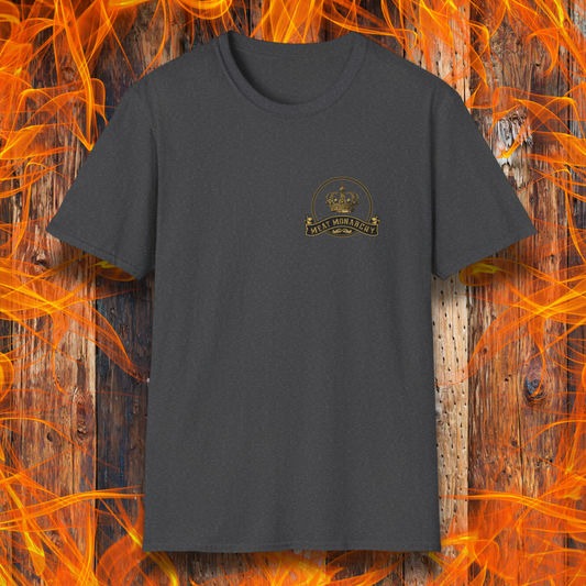 Dark heather t-shirt featuring a regal 'Meat Monarchy' design on the back, showcasing a crowned emblem with a bull, chicken, and pig—symbolizing the royalty of BBQ and grilling