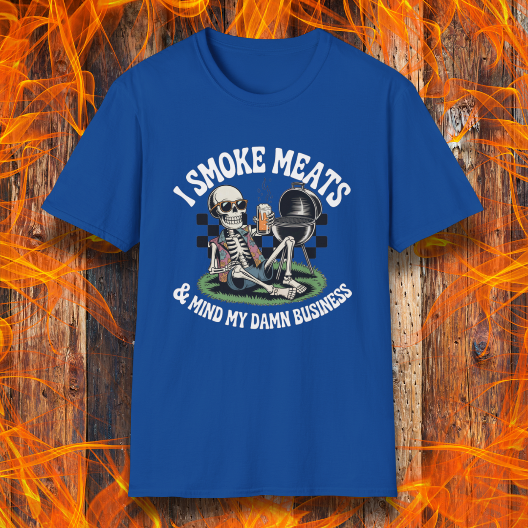 Royal Blue t-shirt with skeleton graphic and text 'I Smoke Meats & Mind My Damn Business' on a fiery background