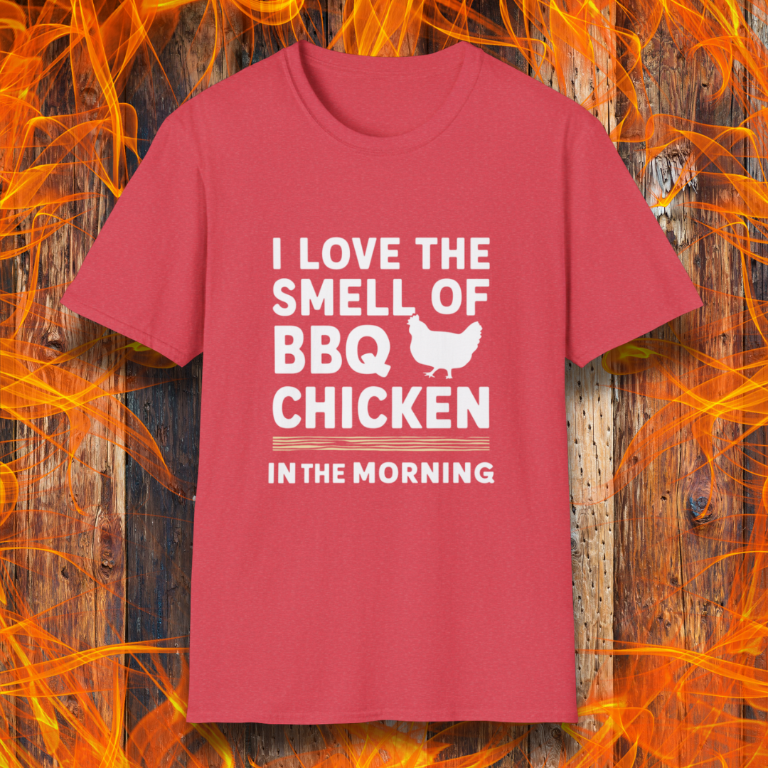 Heather Red T-shirt featuring bold white text that reads 'I Love the Smell of BBQ Chicken in the Morning' with a simple chicken silhouette. A must-have for backyard grillers and barbecue lovers!