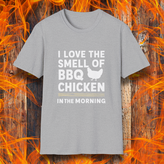 Sport Grey T-shirt featuring bold white text that reads 'I Love the Smell of BBQ Chicken in the Morning' with a simple chicken silhouette. A must-have for backyard grillers and barbecue lovers!