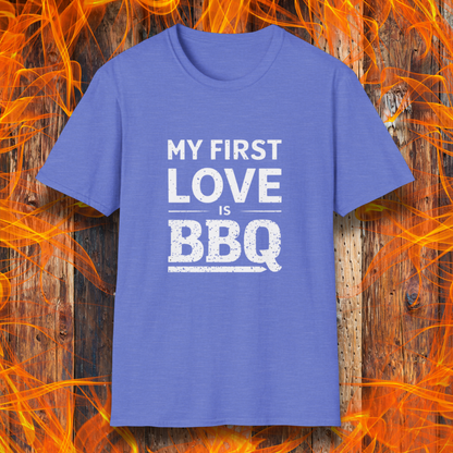 Heather Royal T-shirt with 'My First Love Is BBQ' in bold, distressed white lettering. A must-have for BBQ enthusiasts who wear their passion on their sleeve—literally!