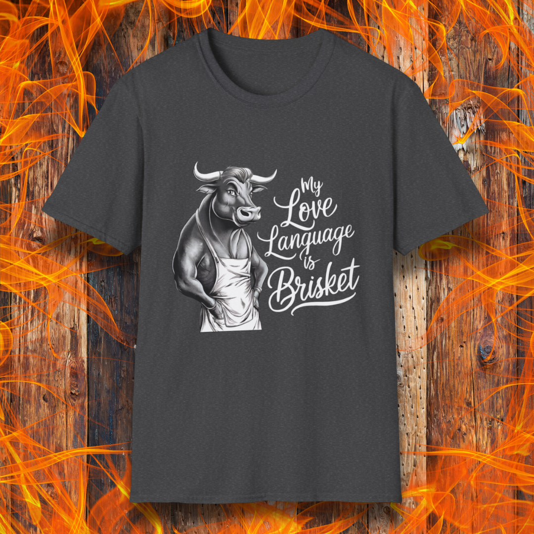 Dark Heather T-shirt featuring a muscular bull in an apron with the phrase "My Love Language is Brisket"—perfect for BBQ lovers and pitmasters.
