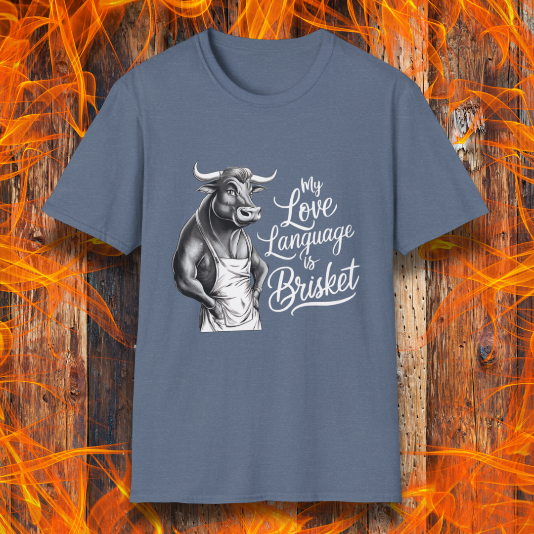 Heather Indigo T-shirt featuring a muscular bull in an apron with the phrase "My Love Language is Brisket"—perfect for BBQ lovers and pitmasters.
