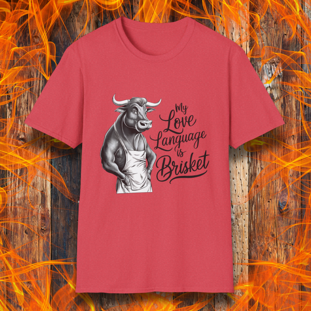 Heather Red T-shirt featuring a muscular bull in an apron with the phrase "My Love Language is Brisket"—perfect for BBQ lovers and pitmasters.