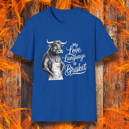 Royal Blue T-shirt featuring a muscular bull in an apron with the phrase "My Love Language is Brisket"—perfect for BBQ lovers and pitmasters.