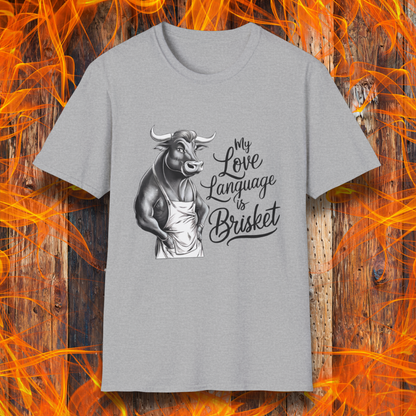 Sports Grey T-shirt featuring a muscular bull in an apron with the phrase "My Love Language is Brisket"—perfect for BBQ lovers and pitmasters.