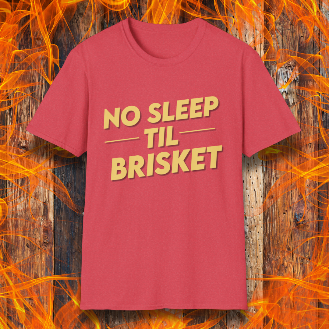Heather Red T-shirt featuring bold, block-style yellow text reading "NO SLEEP TIL BRISKET," with horizontal lines framing "TIL" for emphasis. The design is simple yet impactful, perfect for BBQ enthusiasts who understand the dedication required for the perfect brisket.