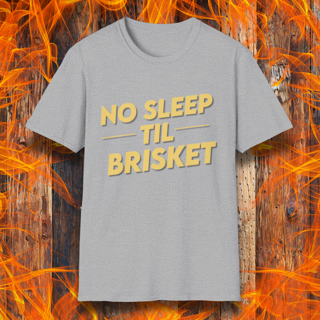Sport Grey T-shirt featuring bold, block-style yellow text reading "NO SLEEP TIL BRISKET," with horizontal lines framing "TIL" for emphasis. The design is simple yet impactful, perfect for BBQ enthusiasts who understand the dedication required for the perfect brisket.