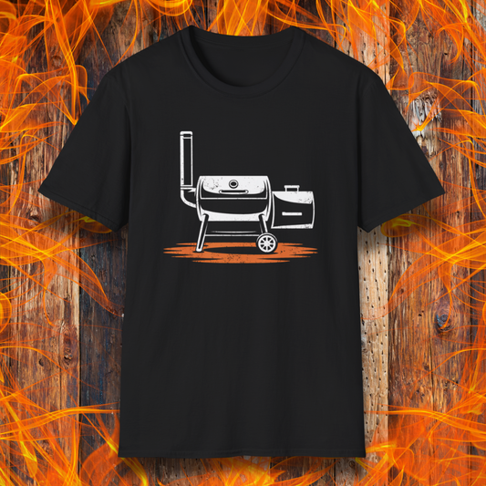 Black t-shirt with a grill graphic on a wooden background with flames