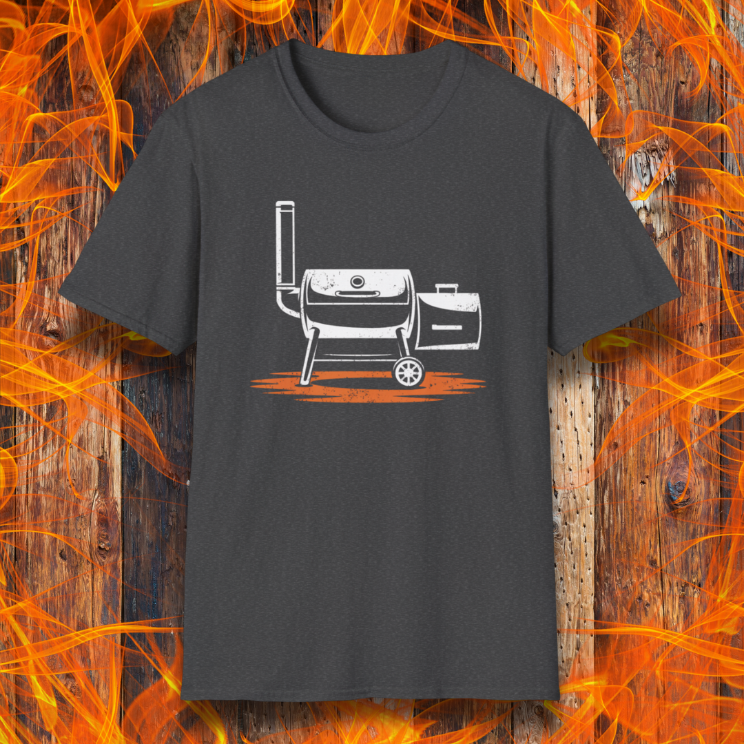 Black t-shirt with a grill graphic on a wooden background with flames
