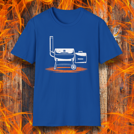 Blue t-shirt with grill graphic on a wooden background with flames