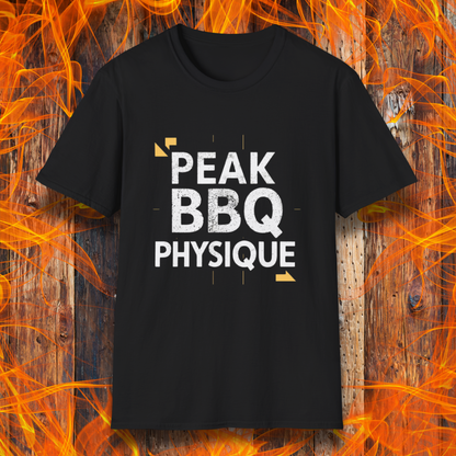Black T-shirt with 'Peak BBQ Physique' in bold, distressed lettering. A must-have for grill masters who take their BBQ lifestyle seriously!
