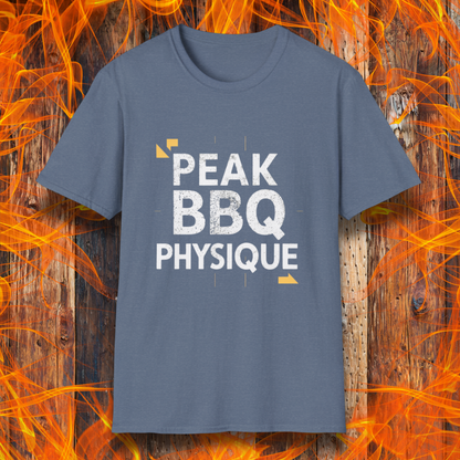 Heather Indigo T-shirt with 'Peak BBQ Physique' in bold, distressed lettering. A must-have for grill masters who take their BBQ lifestyle seriously!