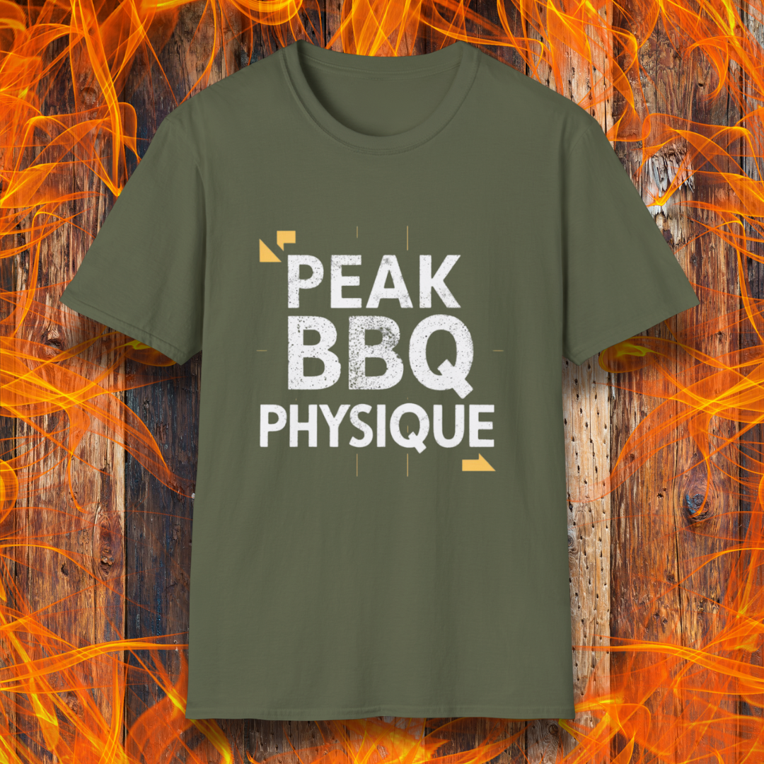 Military Green T-shirt with 'Peak BBQ Physique' in bold, distressed lettering. A must-have for grill masters who take their BBQ lifestyle seriously!