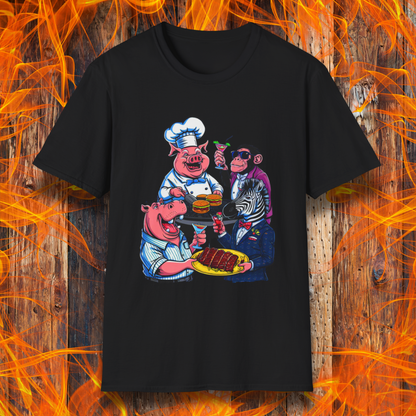 Black T-shirt with a chef pig, chimpanzee, hippo, and zebra at a party passing around plates of delicious bbq and burgers, and drinking cocktails.
