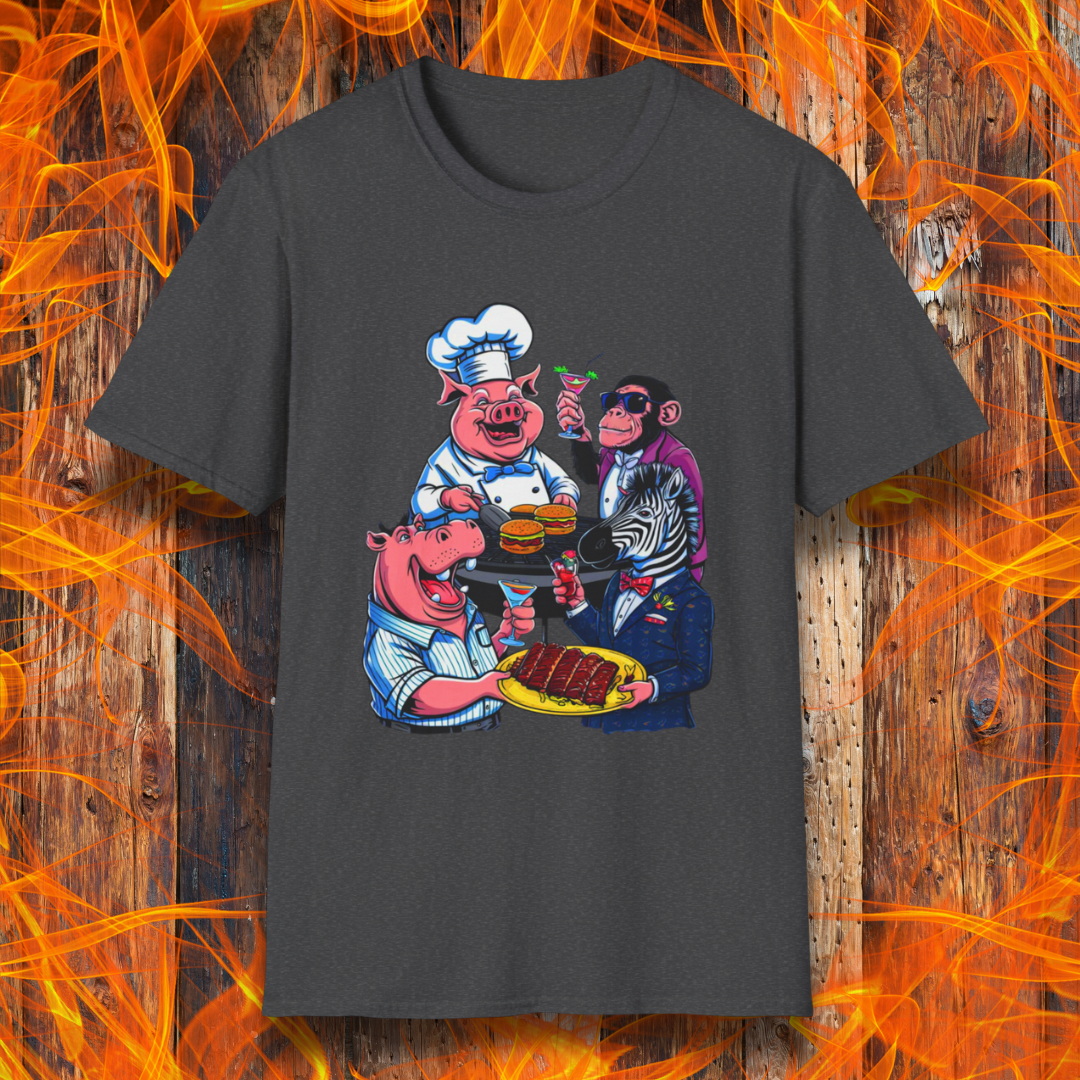 Dark  T-shirt with a chef pig, chimpanzee, hippo, and zebra at a party passing around plates of delicious bbq and burgers, and drinking cocktails.