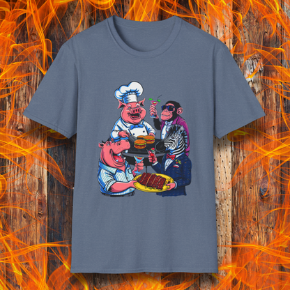 Heather Indigo T-shirt with a chef pig, chimpanzee, hippo, and zebra at a party passing around plates of delicious bbq and burgers, and drinking cocktails.